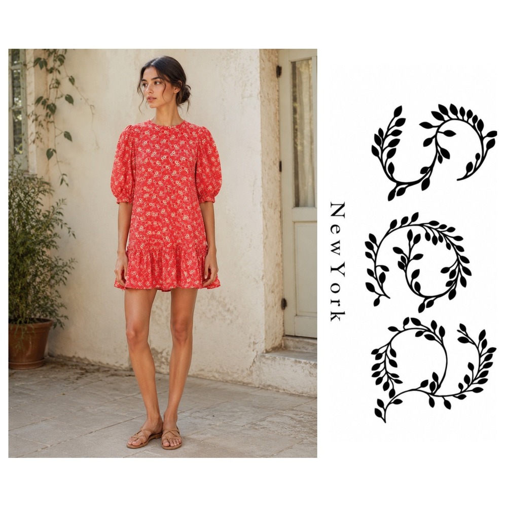 Sea New York Josefine 100% Silk Red Floral Puff Sleeve Mini Shift Dress S NWT